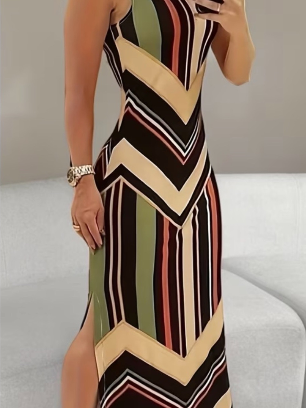 Sleeveless Striped Maxi Dress in Black, Olive & Cream